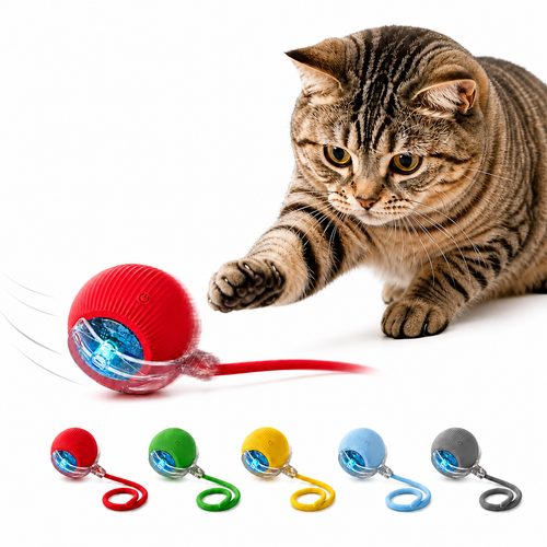 Balle interactive à détection de mouvement pour chat, vue principale sur fond blanc