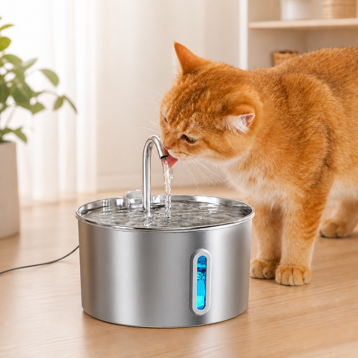 Fontaine à eau inox pour chat, chat buvant au robinet