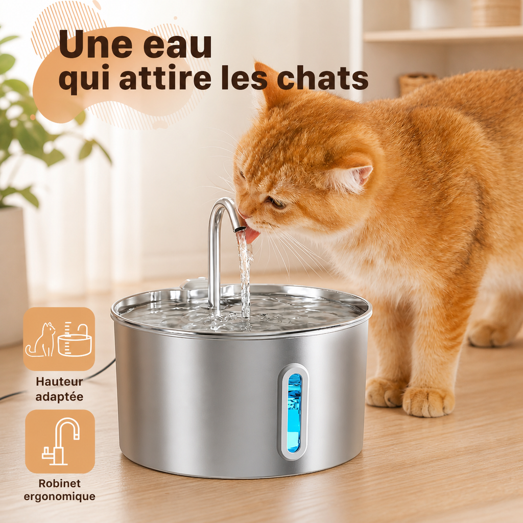 Fontaine à eau inox pour chat, chat buvant au robinet