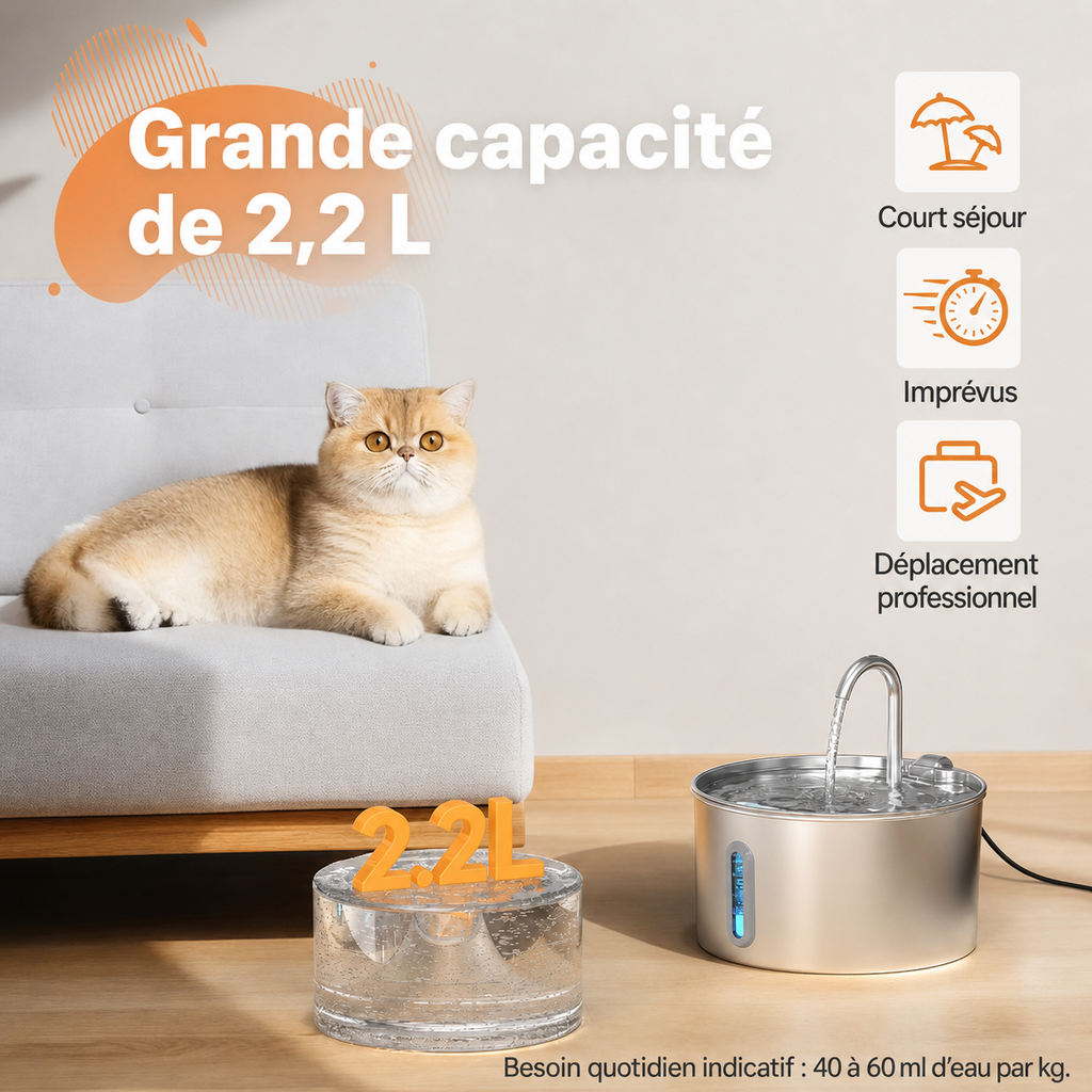 Fontaine à eau inox pour chat, capacité 2,2 litres
