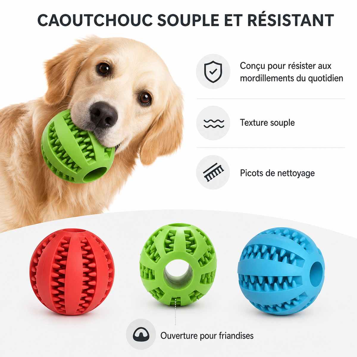 Balle dentaire interactive pour chien, matière résistante en caoutchouc naturel