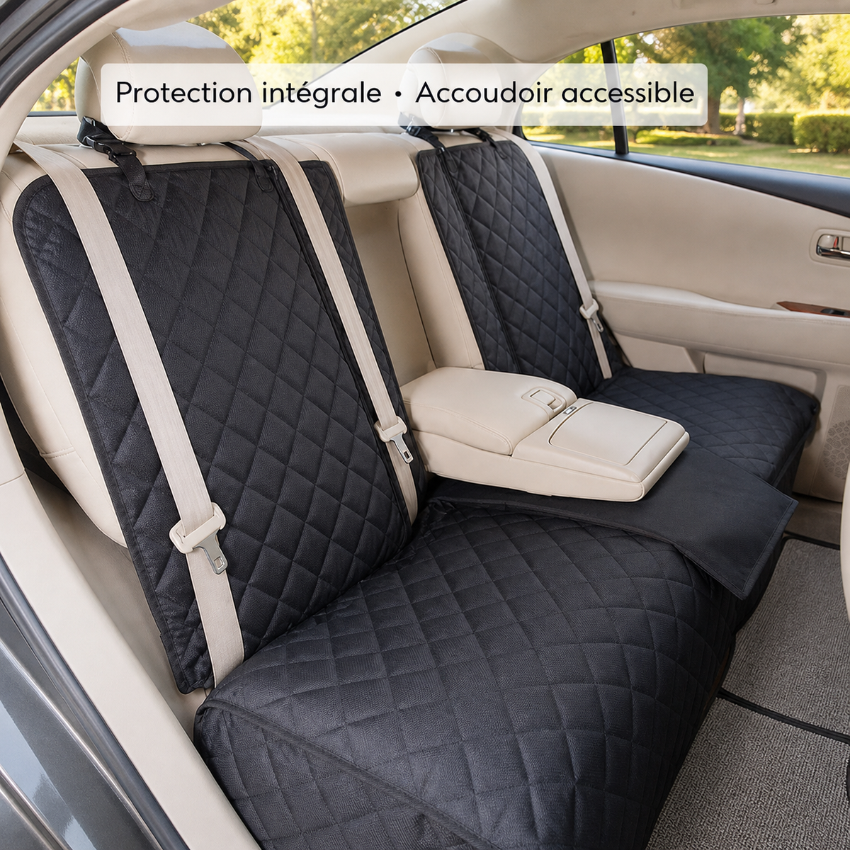 Housse de protection auto pour chien, installation avec accoudoir central