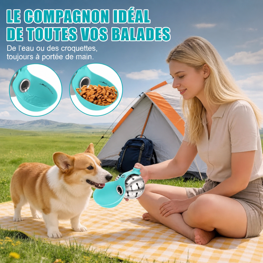 Gourde de promenade pour chien utilisée en extérieur
