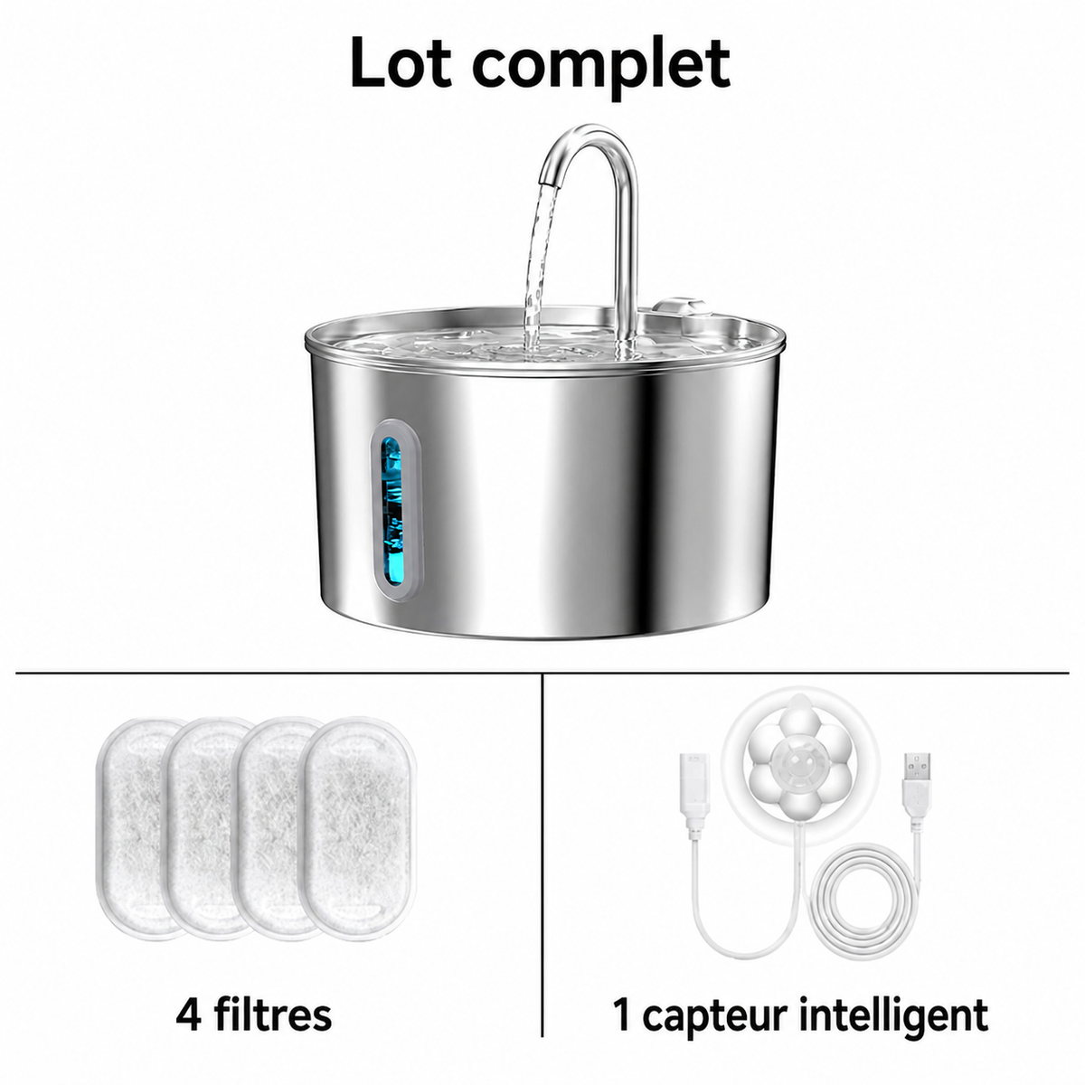 Fontaine à eau inox pour chat, lot complet avec capteur de mouvement