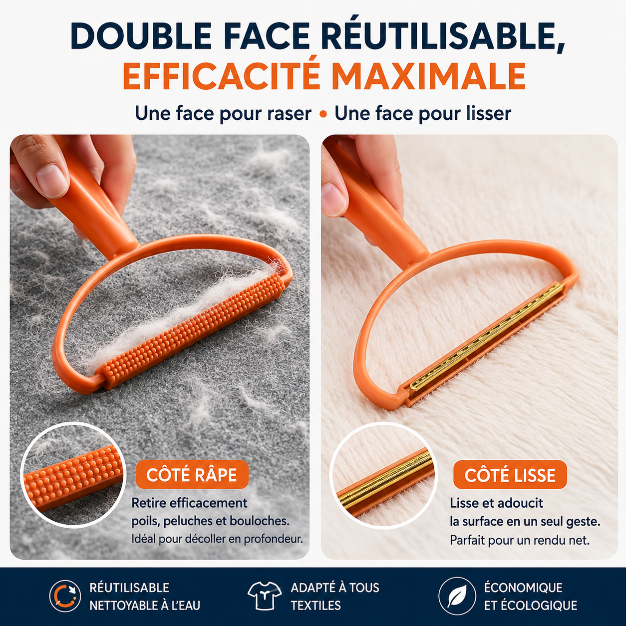 Brosse anti-poils double face, vue détaillée