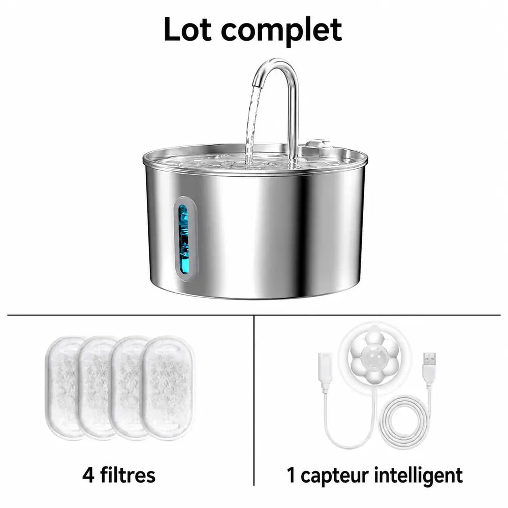 Fontaine à eau inox pour chat, lot complet avec capteur de mouvement