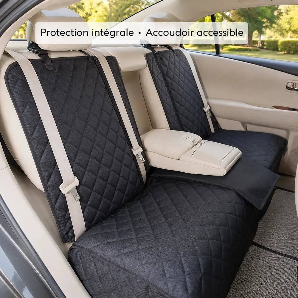 Housse de protection auto pour chien, installation avec accoudoir central